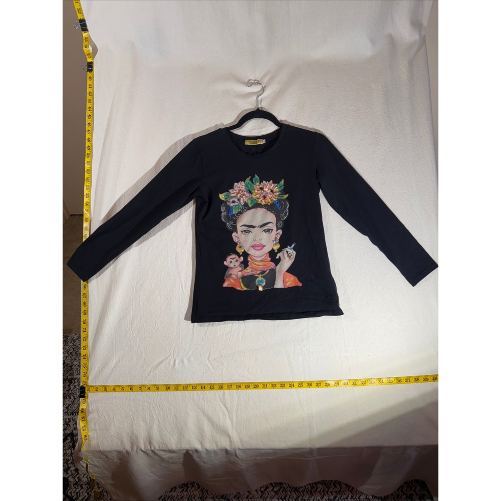 Vinizbena Women S Black Frida Kahlo Inspired Embellished Jewel Indie Boho Tee